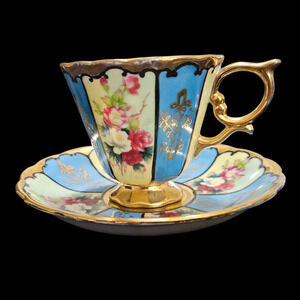 Vintage Royal Sealy Japan Footed Teacup & Saucer Blue Floral Gold Lustreware